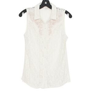 Miss Me Top Cottage Lace Sleeveless Coquette Romantic Floral Button Ivory Small